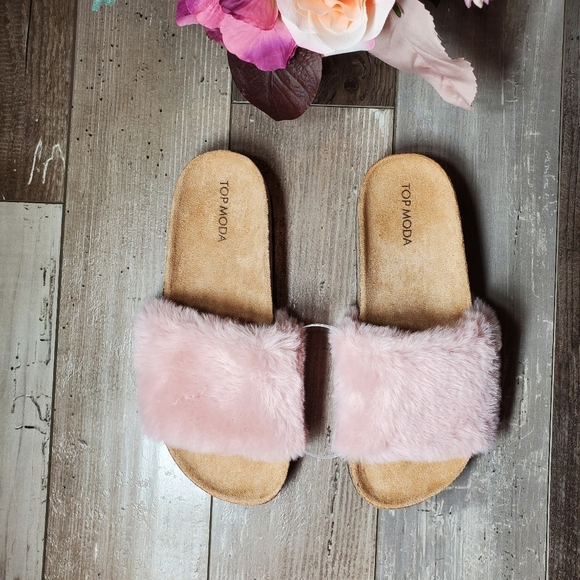 Top Moda Pink Faux Fur Slip-On Slide Sandals Women's Size 8 NEW - Picture 5 of 14